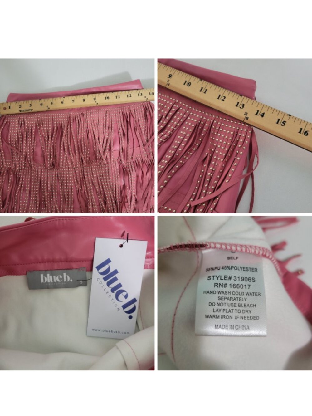 Dolly Barbie Cowgirl Rodeo Pink Faux Leather Studded Fringe Tiered Mini Skirt S - Picture 5 of 11